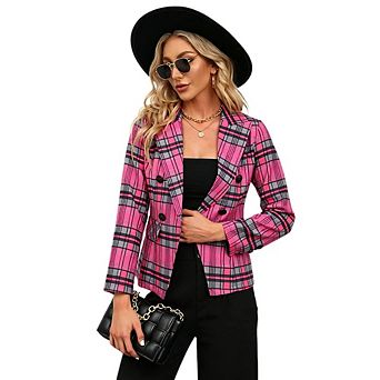 Women's Plaid Double Breasted Blazer Long Sleeve Notched Lapel Casual Coat for Daily Wear