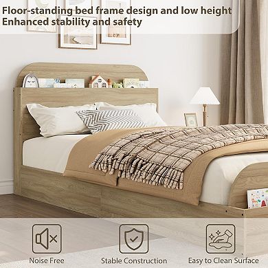 Wooden Low Profile Platform Bed Frame with Storage Headboard & Raised Footboard