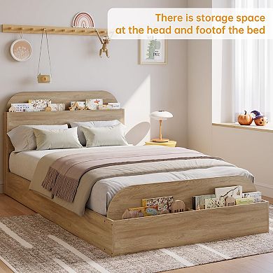 Wooden Low Profile Platform Bed Frame with Storage Headboard & Raised Footboard