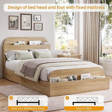 Wooden Low Profile Platform Bed Frame with Storage Headboard & Raised Footboard