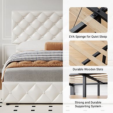 Upholstered Platform Bed Frame with Adjustable Tufted Headboard & 4 Drawers