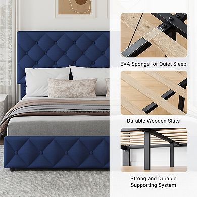 Upholstered Platform Bed Frame with Adjustable Tufted Headboard & 4 Drawers