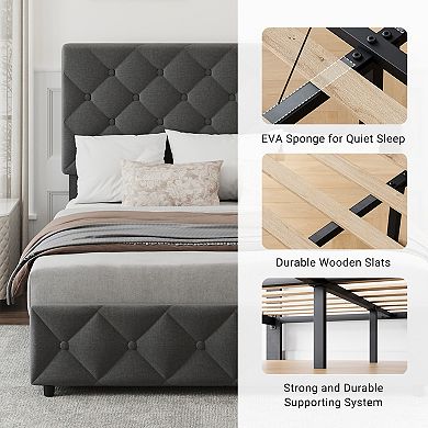 Upholstered Platform Bed Frame with Adjustable Tufted Headboard & 4 Drawers