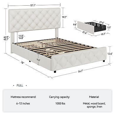 Upholstered Platform Bed Frame with Adjustable Tufted Headboard & 4 Drawers