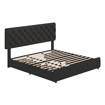 Upholstered Platform Bed Frame with Adjustable Tufted Headboard & 4 Drawers