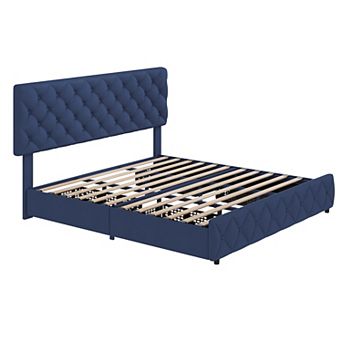 Upholstered Platform Bed Frame with Adjustable Tufted Headboard & 4 Drawers