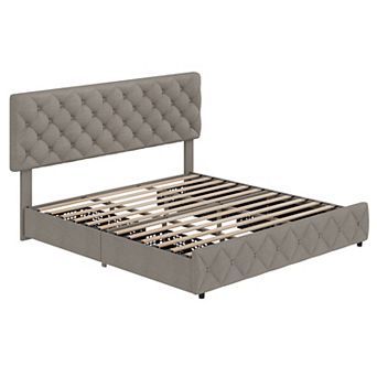 Upholstered Platform Bed Frame with Adjustable Tufted Headboard & 4 Drawers