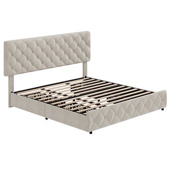 Upholstered Platform Bed Frame with Adjustable Tufted Headboard & 4 Drawers