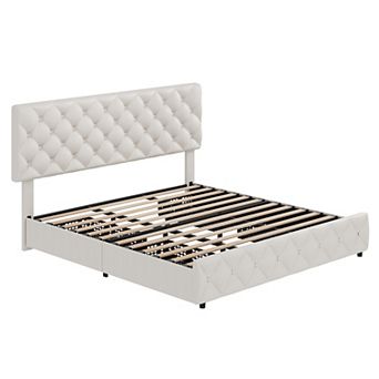 Upholstered Platform Bed Frame with Adjustable Tufted Headboard & 4 Drawers