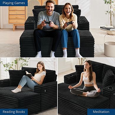 Oversized Corduroy Chaise Lounge Chair with Cup Holder & USB Charging Port, 54" Wide Plush Sofa