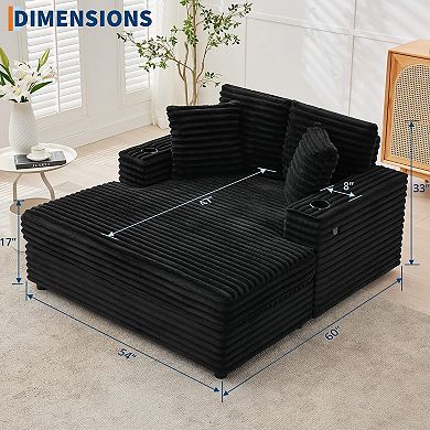 Oversized Corduroy Chaise Lounge Chair with Cup Holder & USB Charging Port, 54" Wide Plush Sofa