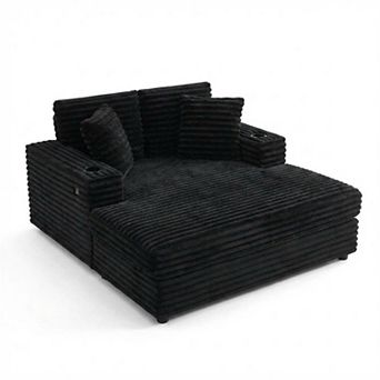 Oversized Corduroy Chaise Lounge Chair with Cup Holder & USB Charging Port, 54" Wide Plush Sofa
