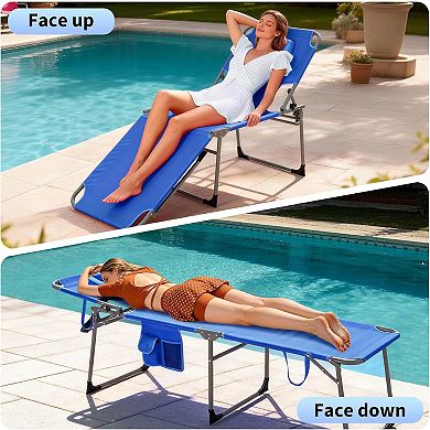 Tanning Chair with Face Hole Folding Beach Lounge Chair, Adjustable Backrest, Pillow & Side Pocket