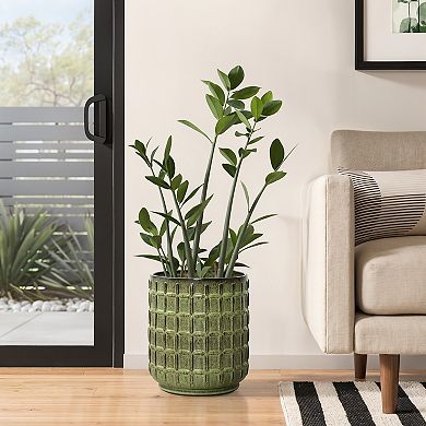 LuxenHome 14" Tall Ceramic Planter Pot for Indoor Outdoor with Geometric Texture and Drainage Hole