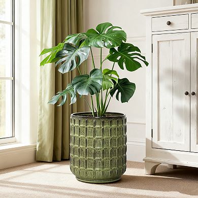 LuxenHome 14" Tall Ceramic Planter Pot for Indoor Outdoor with Geometric Texture and Drainage Hole