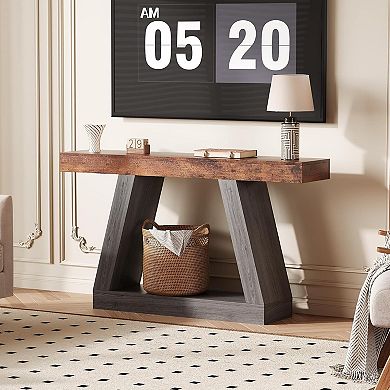 55 Inch 2-Tier Wooden Sofa Table with Open Storage Shelf