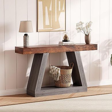 55 Inch 2-Tier Wooden Sofa Table with Open Storage Shelf