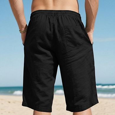 Men's Summer Linen Casual Classic Fit Shorts Elastic Waist Shorts with Drawstring