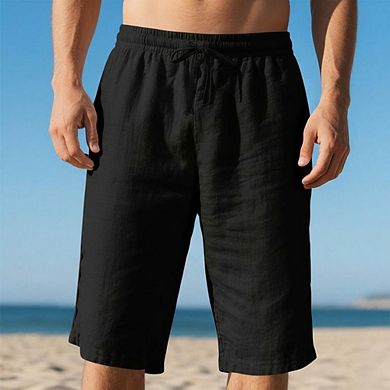Men's Summer Linen Casual Classic Fit Shorts Elastic Waist Shorts with Drawstring