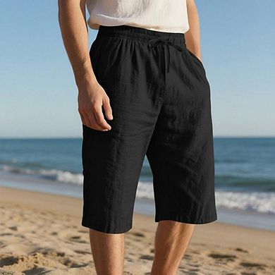 Men's Summer Linen Casual Classic Fit Shorts Elastic Waist Shorts with Drawstring