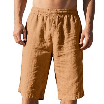 Men's Summer Linen Casual Classic Fit Shorts Elastic Waist Shorts with Drawstring