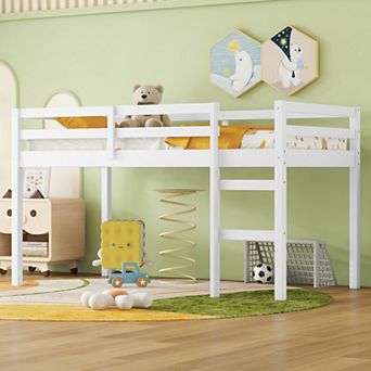 Solid Wood Twin Loft Bed with Ladder and Strengthened Slats White