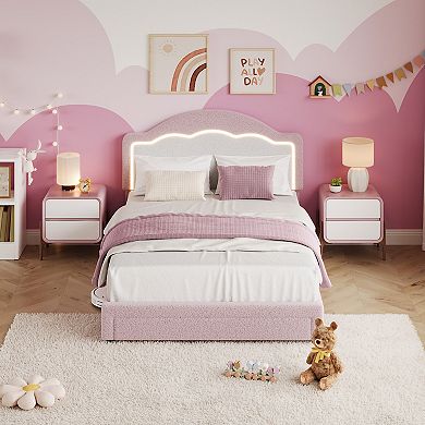 Platform Bed Frame - Sherpa Fabric LED Headboard Slat Support No Box Spring Needed, With Drawer