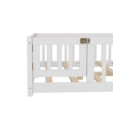 Full Size Floor Bed with Safety Guardrails and Door for Kids White