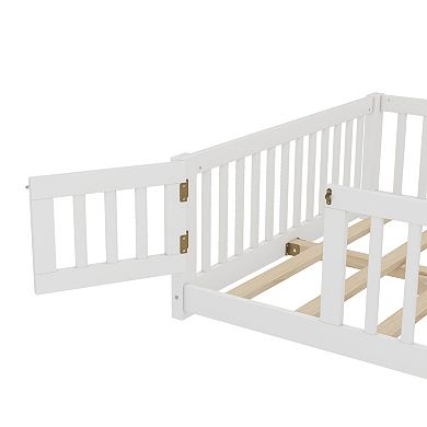 Full Size Floor Bed with Safety Guardrails and Door for Kids White