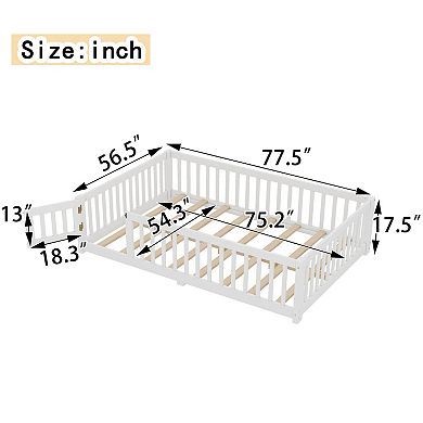 Full Size Floor Bed with Safety Guardrails and Door for Kids White