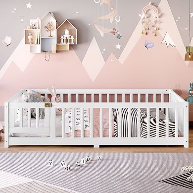 Full Size Floor Bed with Safety Guardrails and Door for Kids White