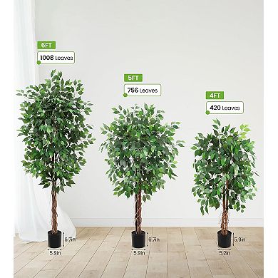 Artificial Ficus Tree with White Planter, Realistic Faux Silk Indoor Outdoor Plant