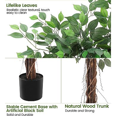 Artificial Ficus Tree with White Planter, Realistic Faux Silk Indoor Outdoor Plant