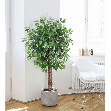 Artificial Ficus Tree with White Planter, Realistic Faux Silk Indoor Outdoor Plant