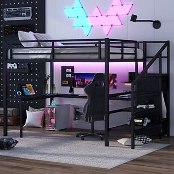 Queen Loft Bed with L-Shaped Desk, LED, USB Wardrobe, Black