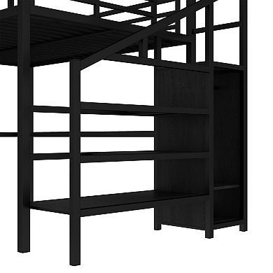 Queen Loft Bed with L-Shaped Desk, LED, USB Wardrobe, Black