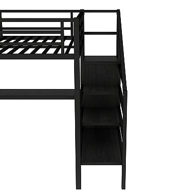 Queen Loft Bed with L-Shaped Desk, LED, USB Wardrobe, Black