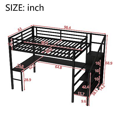 Queen Loft Bed with L-Shaped Desk, LED, USB Wardrobe, Black