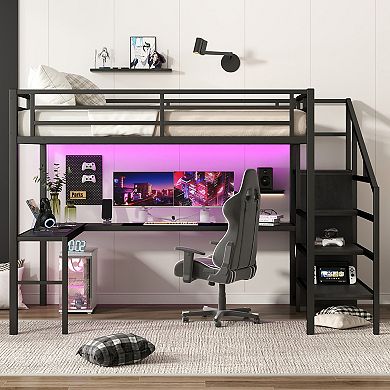 Queen Loft Bed with L-Shaped Desk, LED, USB Wardrobe, Black