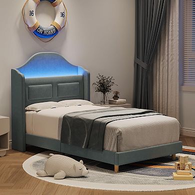 Twin Bed Frame, Wingback Velvet Platform Bed with LED Lights, Upholstered Storage Headboard