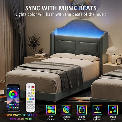 Twin Bed Frame, Wingback Velvet Platform Bed with LED Lights, Upholstered Storage Headboard