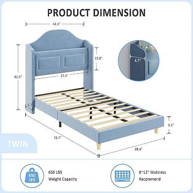 Twin Bed Frame, Wingback Velvet Platform Bed with LED Lights, Upholstered Storage Headboard