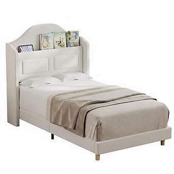 Twin Bed Frame, Wingback Velvet Platform Bed with LED Lights, Upholstered Storage Headboard