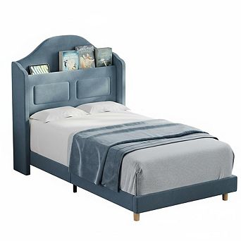 Twin Bed Frame, Wingback Velvet Platform Bed with LED Lights, Upholstered Storage Headboard