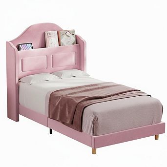 Twin Bed Frame, Wingback Velvet Platform Bed with LED Lights, Upholstered Storage Headboard