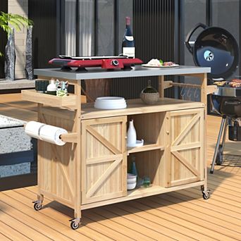 K and K Outdoor Kitchen Island Rolling Bar Cart Solid Wood Grill Table Stainless Steel Top Natural