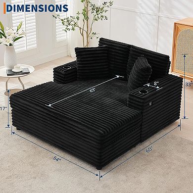 60-Inch Oversized Chaise Lounge Chair, Comfy Corduroy Sofa with Charging Station, Cup Holders, Green