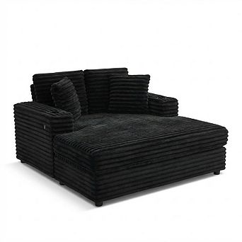 60-Inch Oversized Chaise Lounge Chair, Comfy Corduroy Sofa with Charging Station, Cup Holders, Green