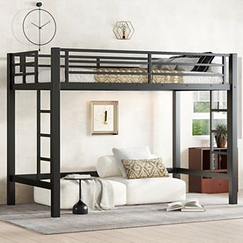 Twin XL Size Metal Loft Bed with Easy Climbing Ladder and Guardrails Black