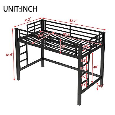 Twin XL Size Metal Loft Bed with Easy Climbing Ladder and Guardrails Black